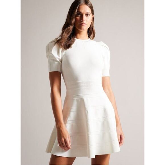 Ted Baker Short Puffed Sleeve Engineered Skirt Dress Crewneck Size 1/ XS NWT - Picture 4 of 14